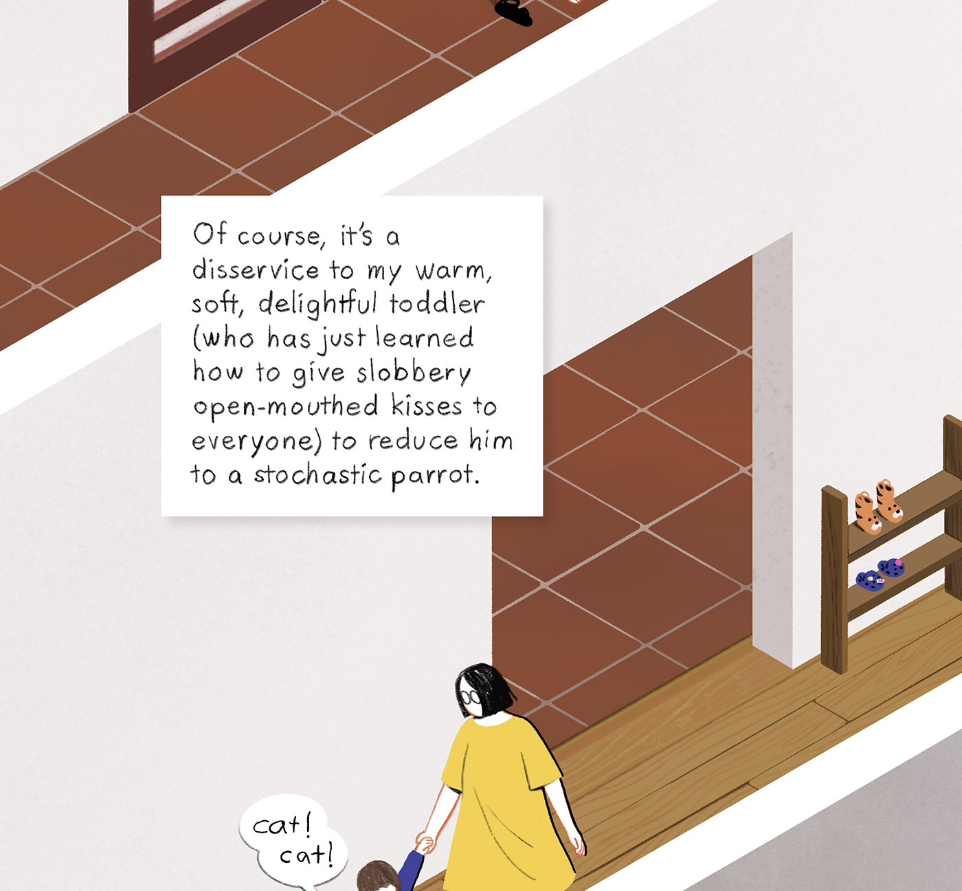 A mother holding a child’s hand while walking into a living room. 